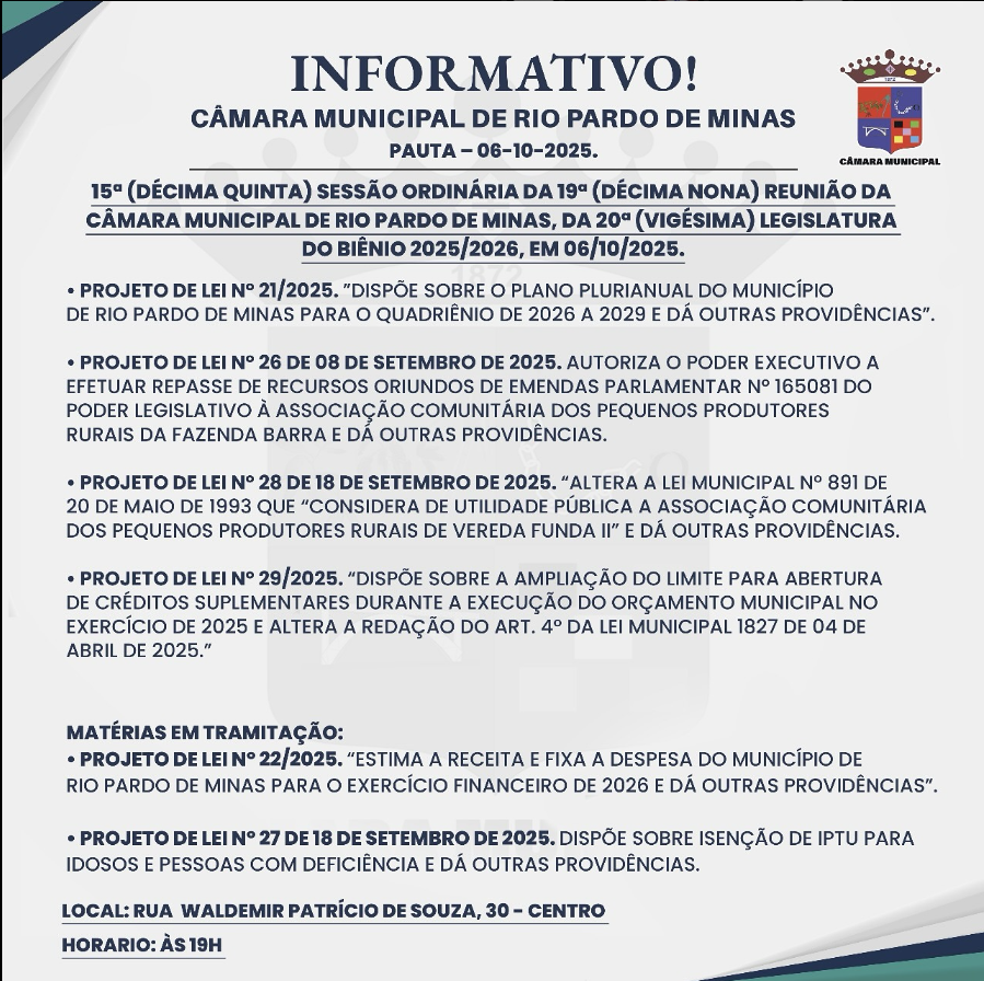 15ª Sessão Ordinária da Câmara Municipal de Rio Pardo de Minas