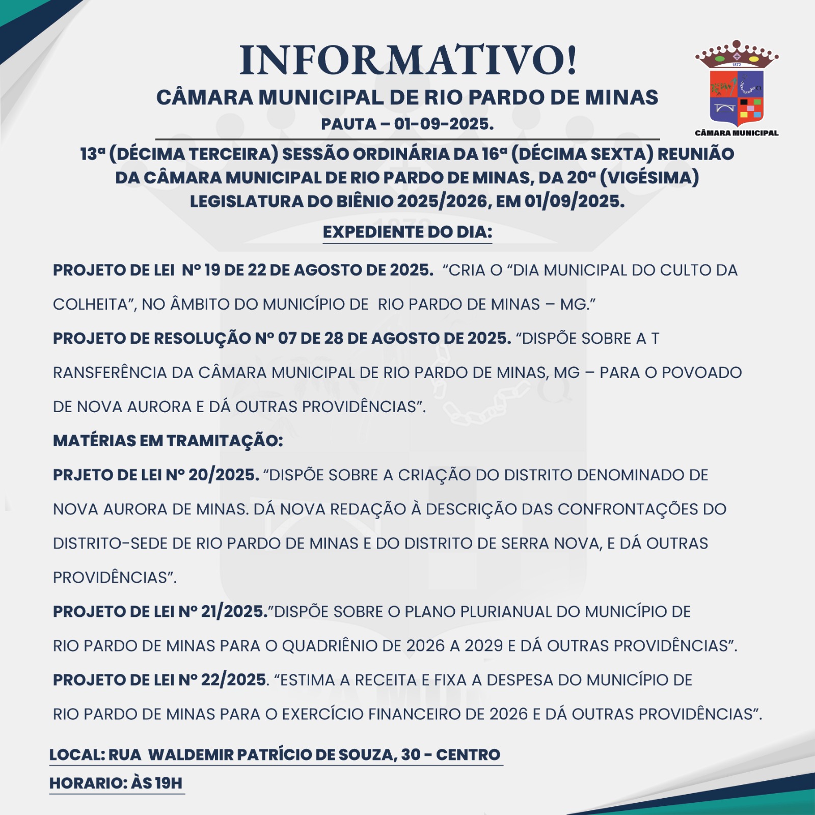 Informativo Oficial – 13ª Sessão Ordinária da Câmara Municipal de Rio Pardo de Minas